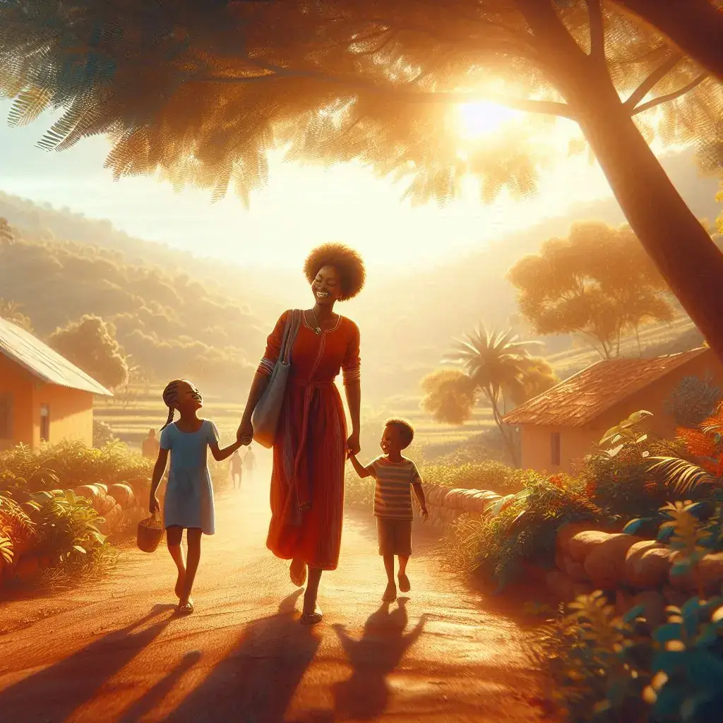 Mother walking with children towards a sunset